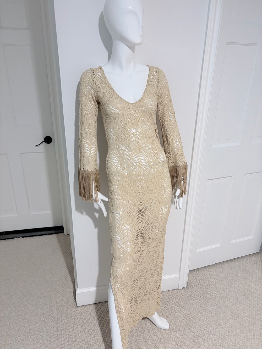 Inca Cream Crochet Open-Knit Fringe Maxi Dress Made in Canada